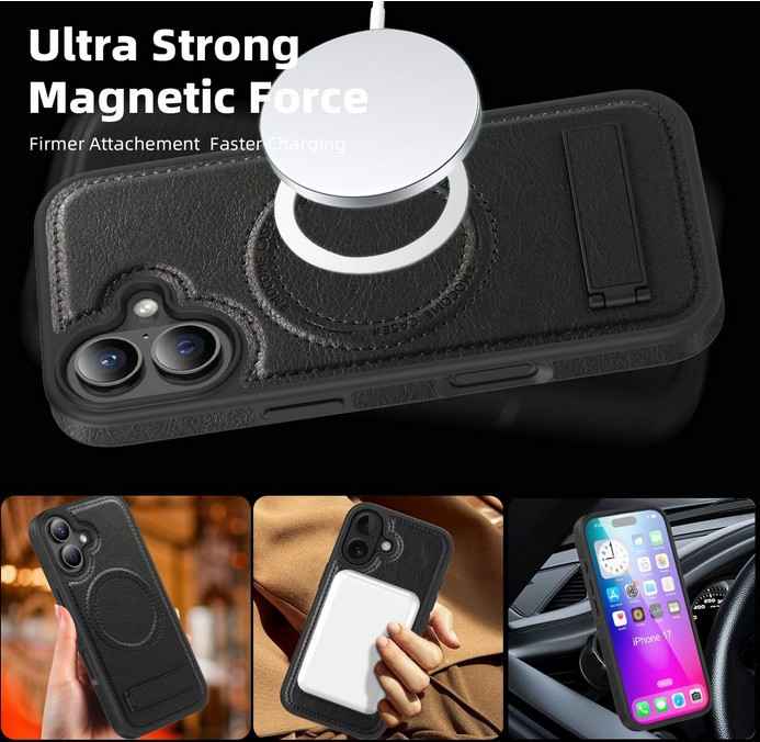 Black Leather MagSafe Kick Stand Case