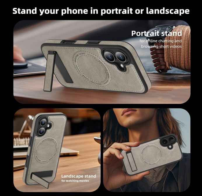 Grey Leather MagSafe Kick Stand Case